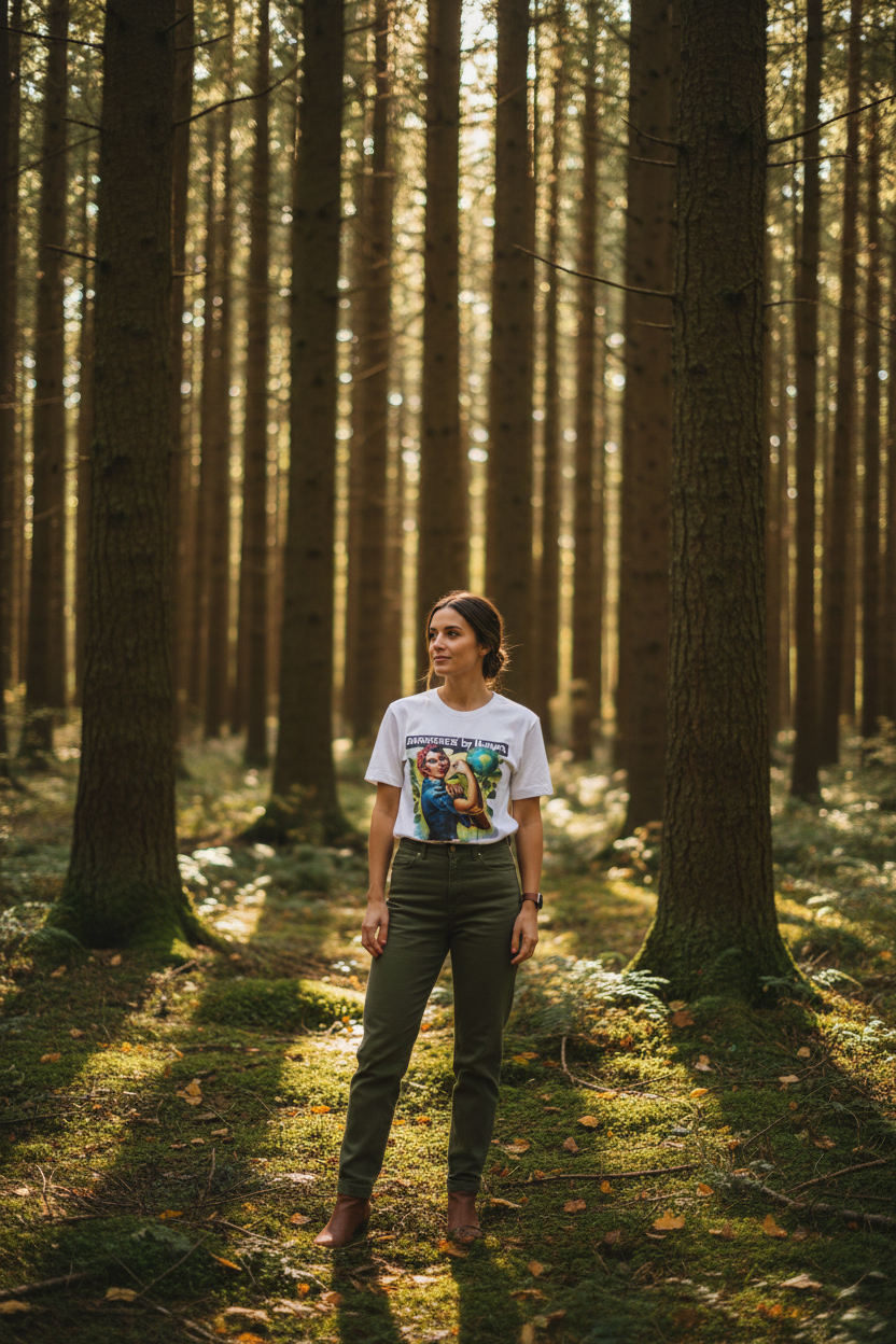 White graphic T-shirt on person in forest, 'Empowered by Nature' nature character print