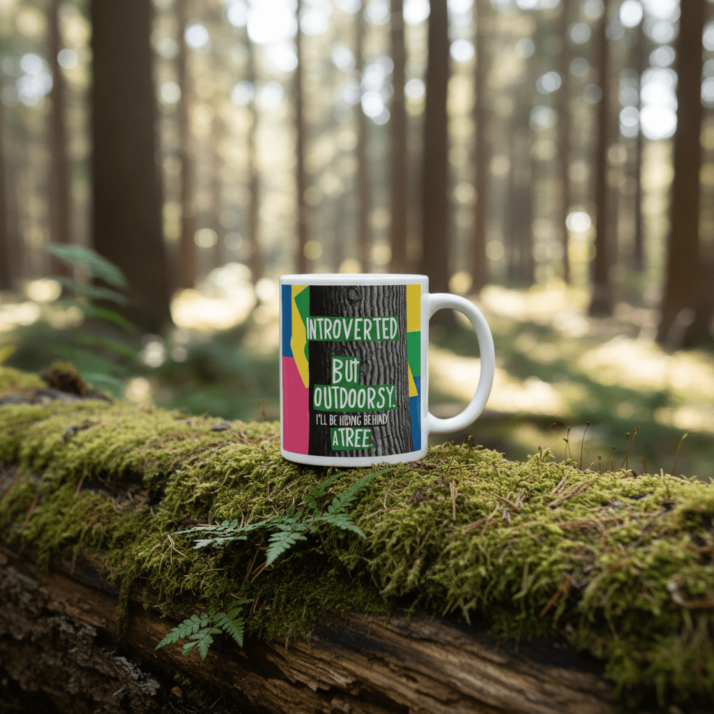White mug with colorful nature quote resting on a mossy log