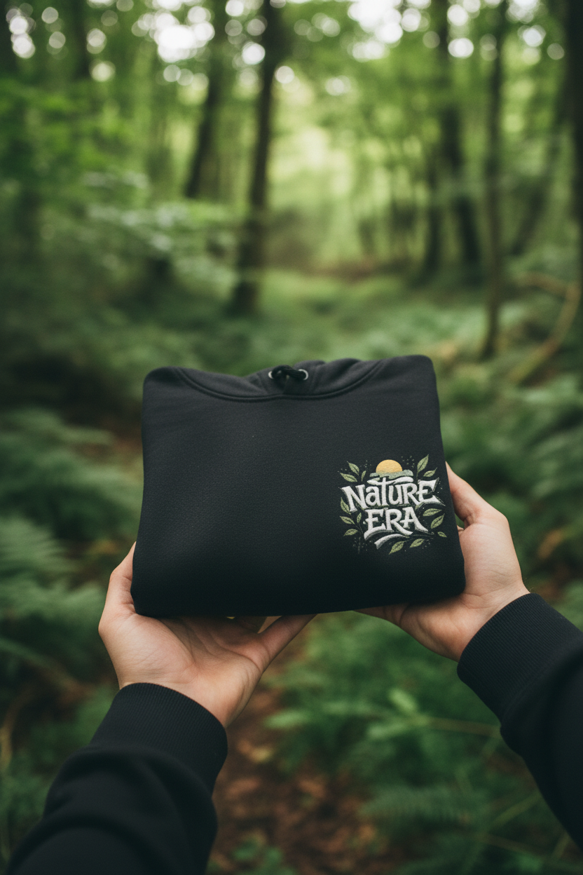 Dark hoodie with Nature Era chest logo and hood, folded for display