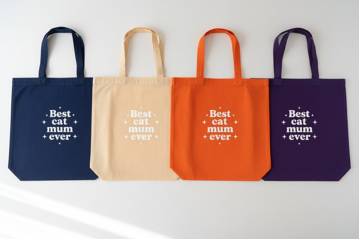 Four Best cat mum ever totes - navy, apricot, orange, purple