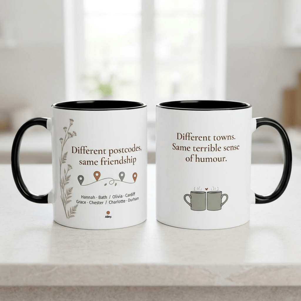 Personalised Long Distance Friendship Mug – Different Postcodes - #AlleyCrafters