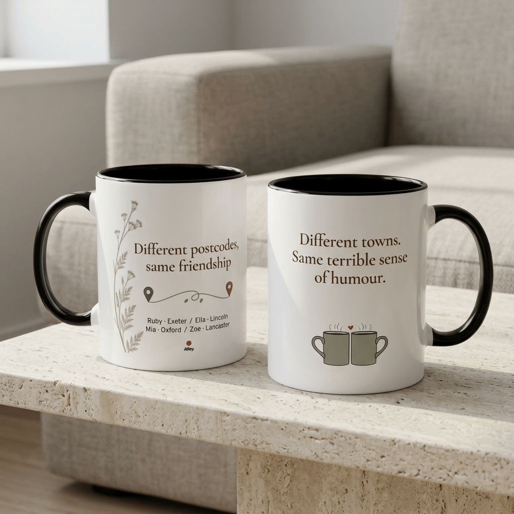 Personalised Long Distance Friendship Mug – Different Postcodes - #AlleyCrafters