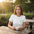 White T-shirt with small green fern wreath chest print