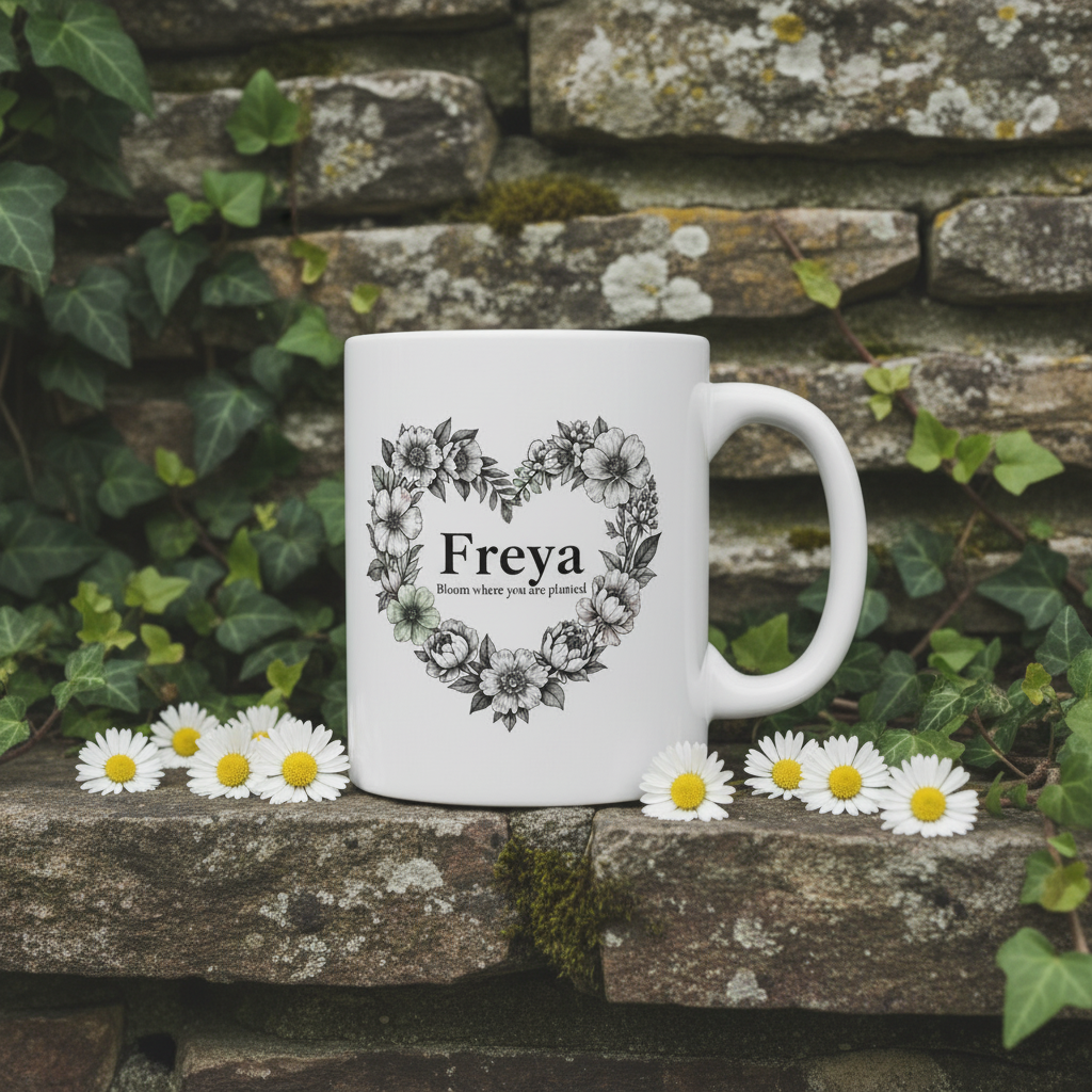 White ceramic mug with floral heart wreath and name Freya, printed front design