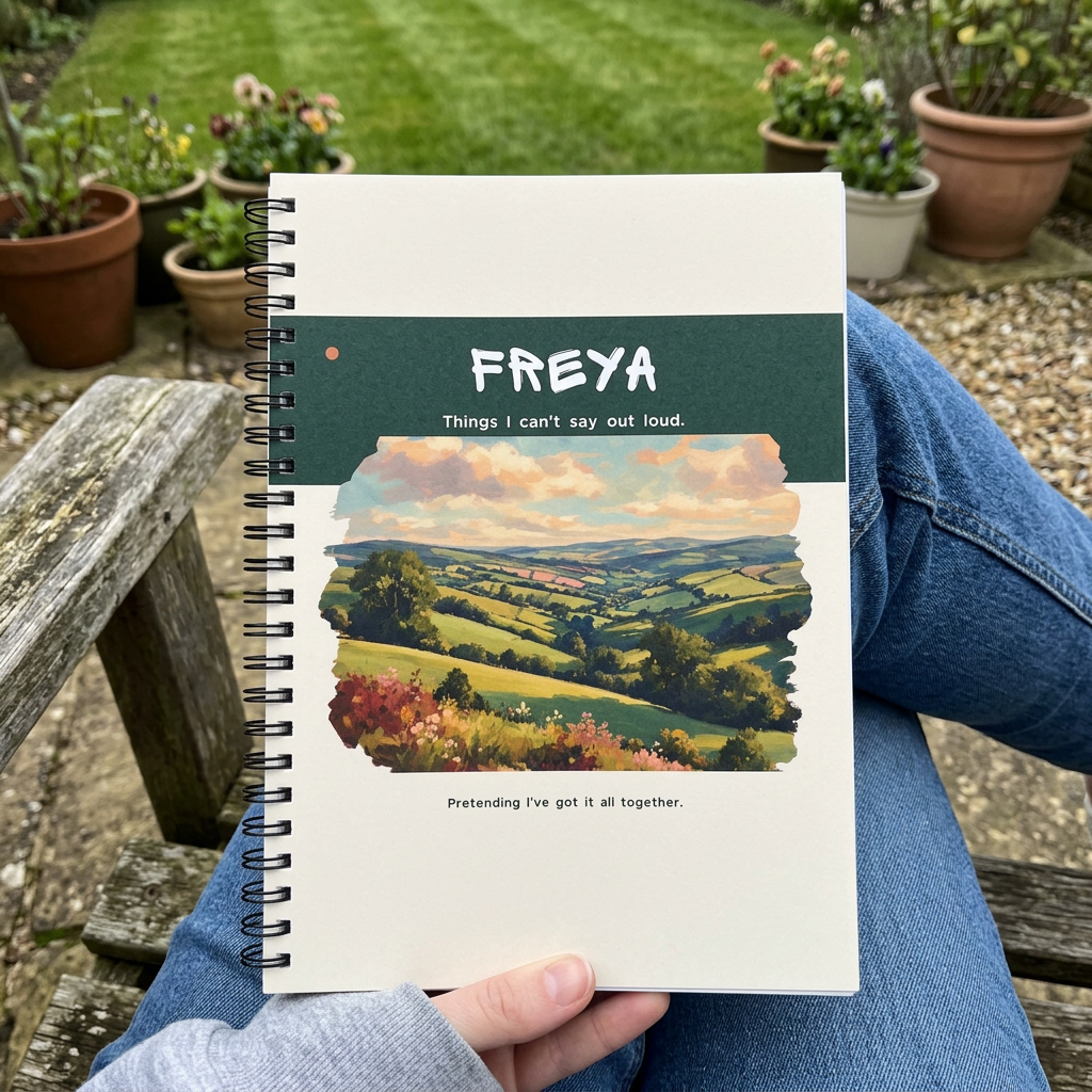 Freya countryside notebook on a lap in a British garden