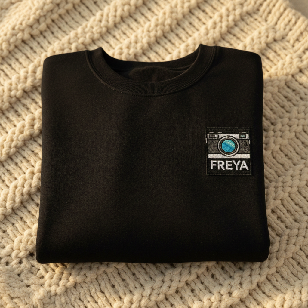 Black sweatshirt with embroidered camera patch and FREYA name