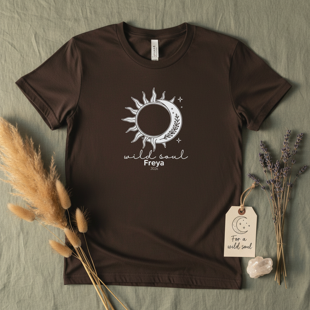 Dark brown graphic T-shirt with sun-and-moon emblem and 'wild soul 2026'