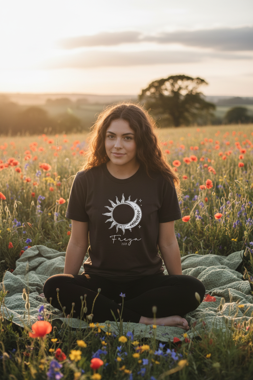 Black graphic T-shirt with sun-and-moon emblem print on the chest.