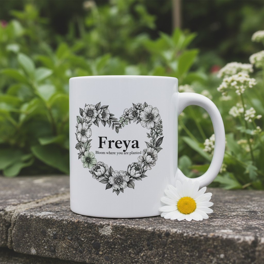 White ceramic mug with floral heart wreath and name Freya, close-up on front
