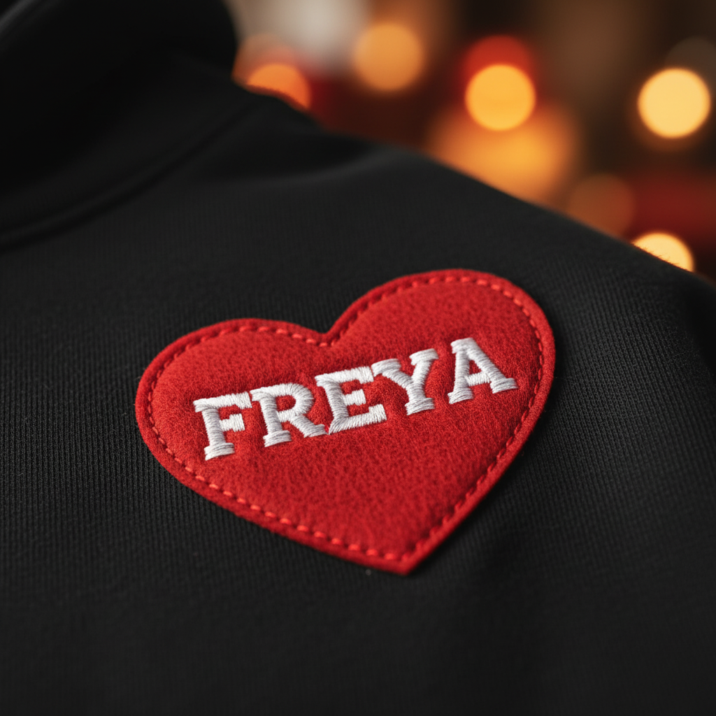 Black hoodie with red heart appliqué patch and 'FREYA' embroidered text