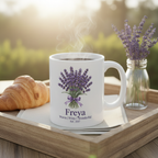 White ceramic mug with lavender bouquet graphic and name Freya