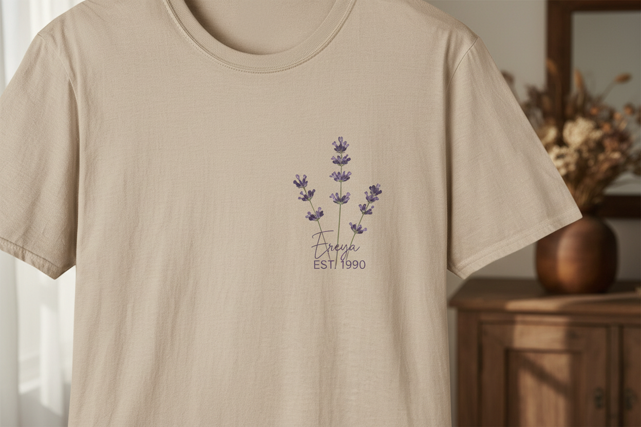 Personalised lavender sprig t-shirt chest print close-up showing name Freya EST. 1990 — custom name botanical gift UK