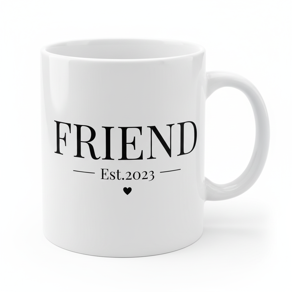 White mug with bold "FRIEND" text, "Est.2023" line, and heart icon