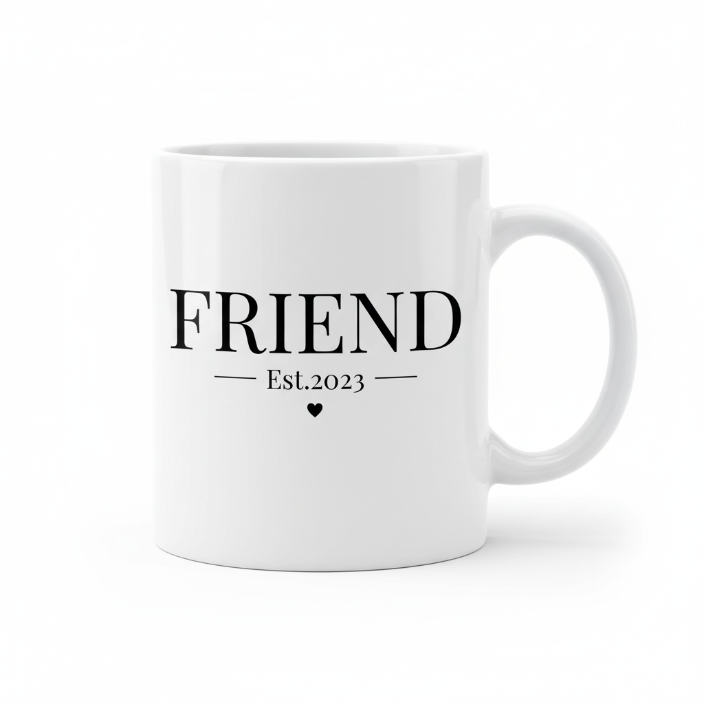 White mug with "FRIEND" lettering and "Est.2023" plus a small heart