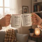Two white ceramic mugs held together; pink and green interiors/handles with printed quote.