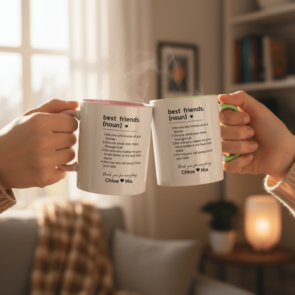 Two white ceramic mugs held together; pink and green interiors/handles with printed quote.