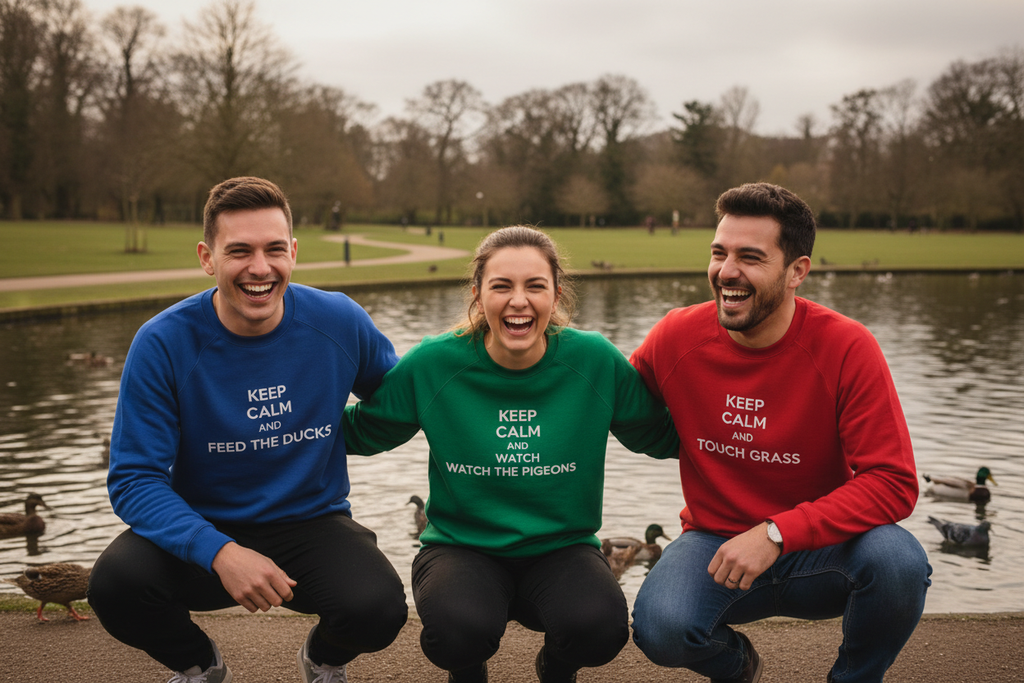 Three crewneck sweatshirts in blue, green, and red with printed slogans on front