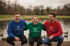 Three crewneck sweatshirts in blue, green, and red with printed slogans on front