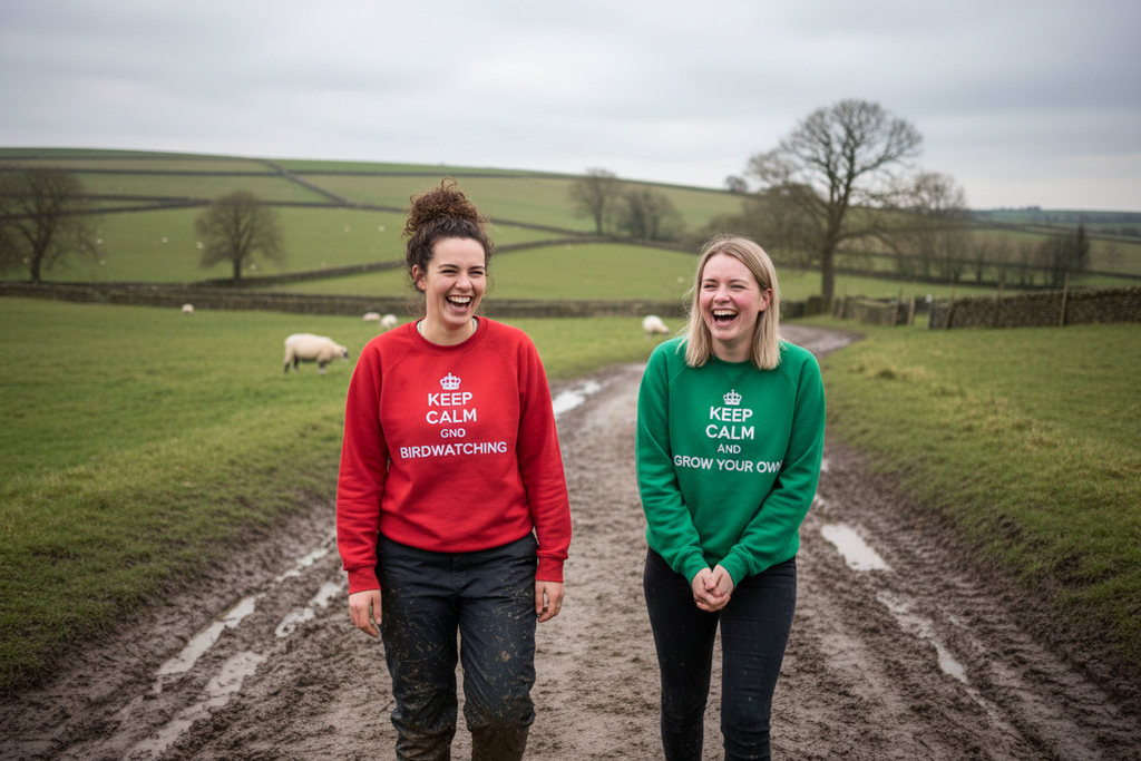 Two crewneck sweatshirts in red and green with printed “KEEP CALM …” slogans