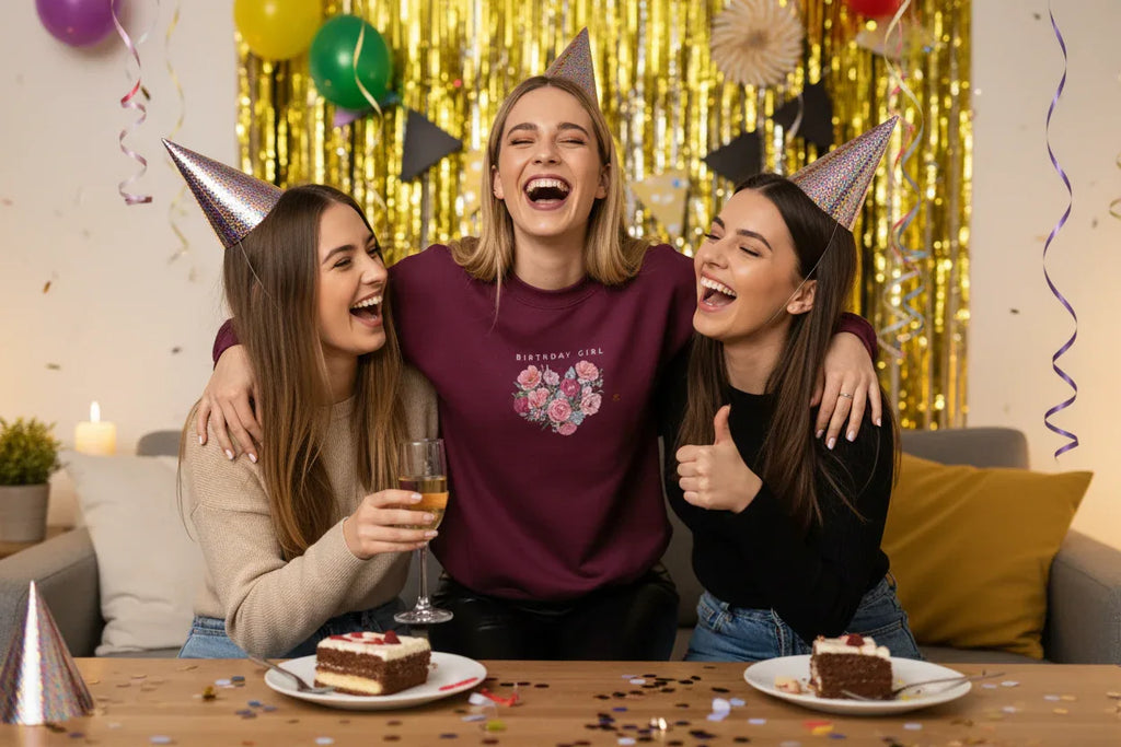 Maroon sweatshirt with floral heart and “BIRTHDAY GIRL” text on the chest