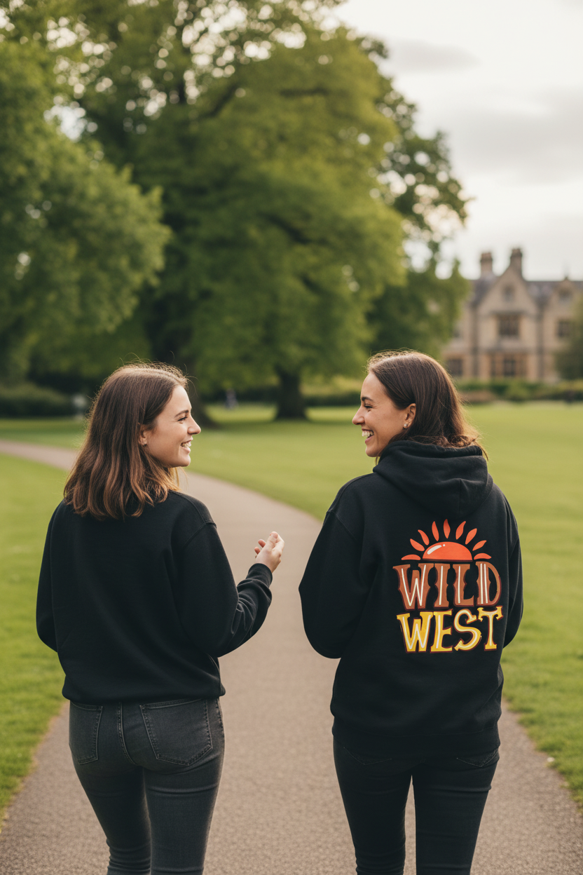 Black hoodie with large Wild West graphic on the back