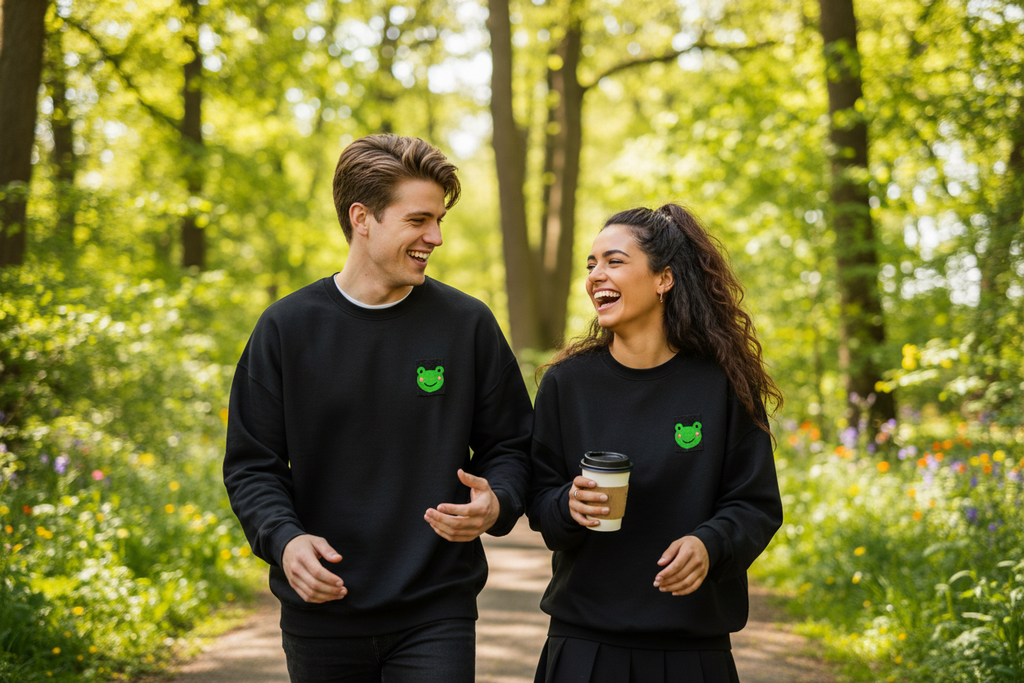 Two black embroidered frog sweatshirts on models, crew neck, chest square patches.