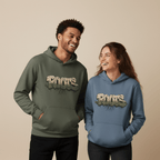Graphic pullover hoodie in dark green and blue with front kangaroo pocket and hood