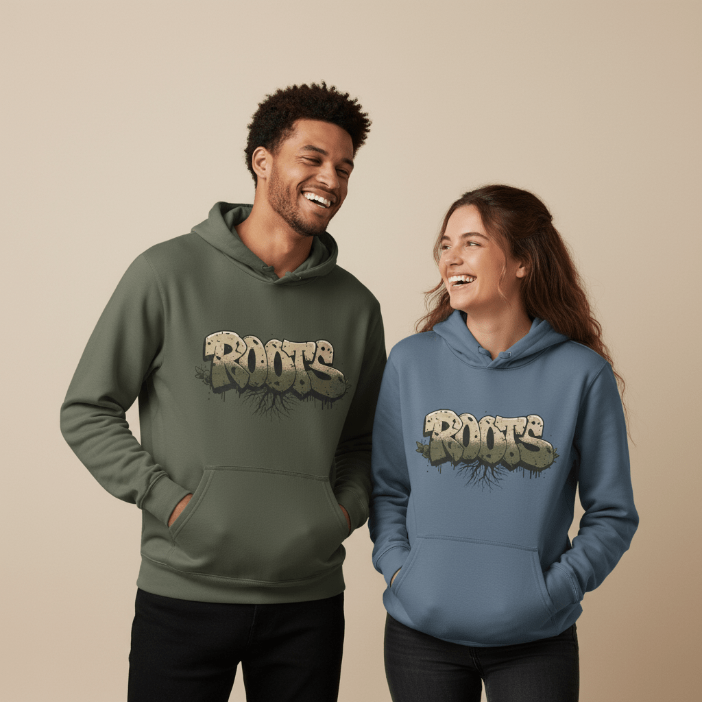 Graphic pullover hoodie in dark green and blue with front kangaroo pocket and hood