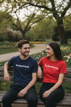 Two custom text T-shirts: navy and red, both with “The Best Friend” print.