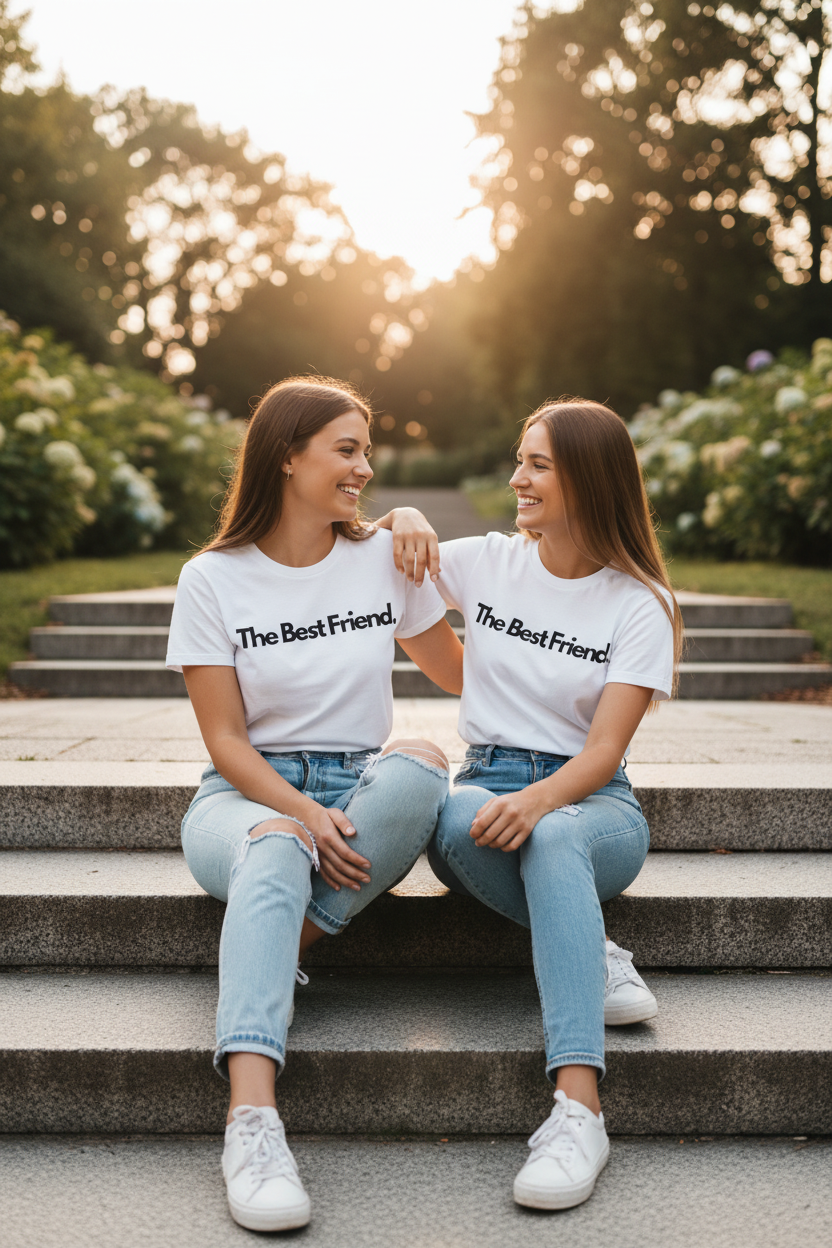 Light blue custom text T-shirt with “The Best Friend” printed on the front.