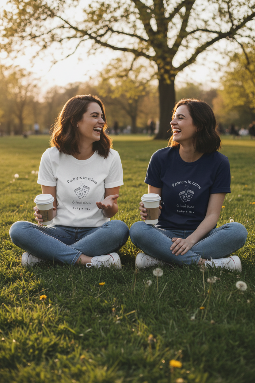 Friends on grass with coffee cups — white & navy