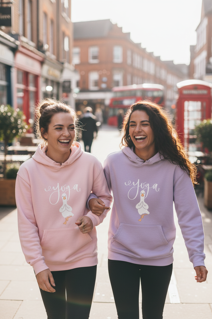 Light pink yoga hoodie with duck pose graphic and 'eyoga' script, front view