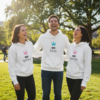 White hooded sweatshirt with “MINI queen” crown graphic on front pocket area