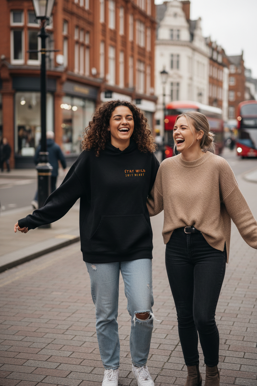 Black pullover hoodie with small chest logo text