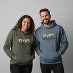 Graphic pullover hoodies in green and blue, each with kangaroo pocket and drawstring hood
