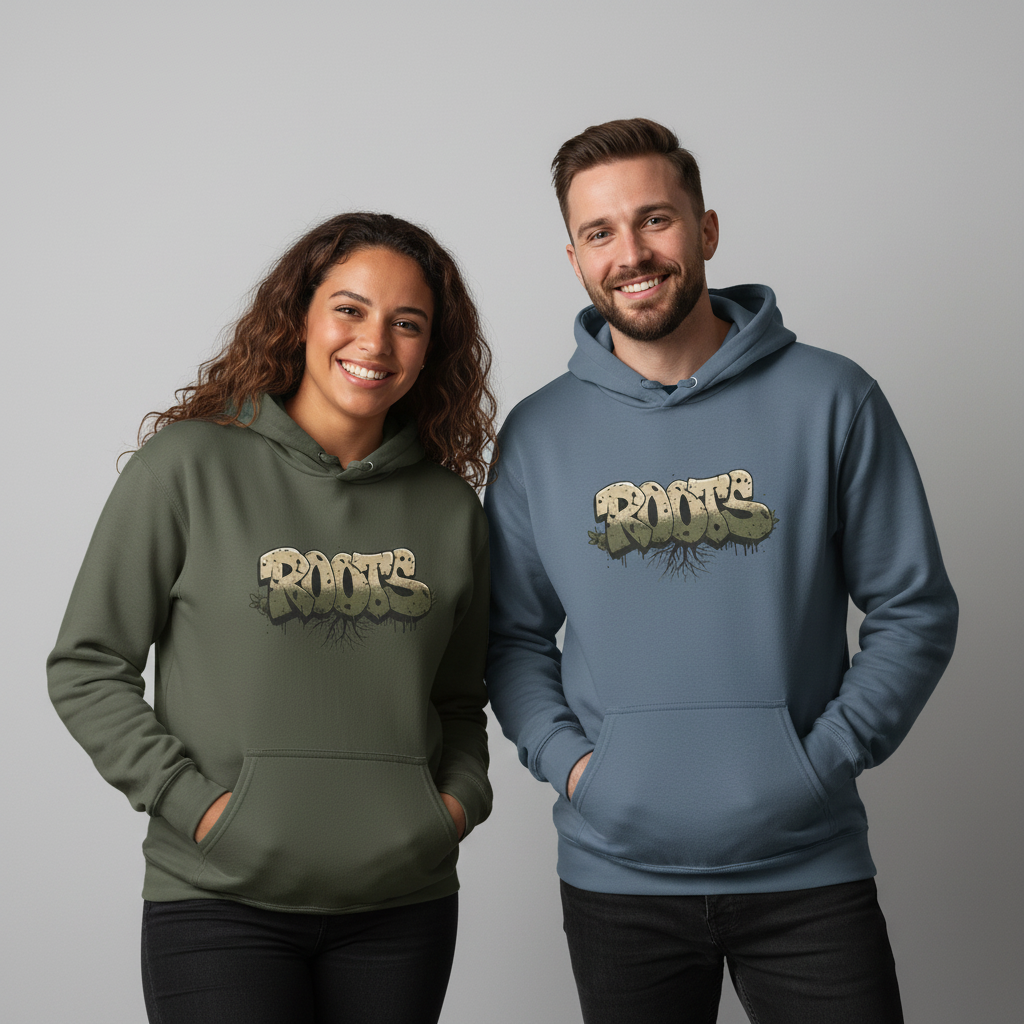 Graphic pullover hoodies in green and blue, each with kangaroo pocket and drawstring hood