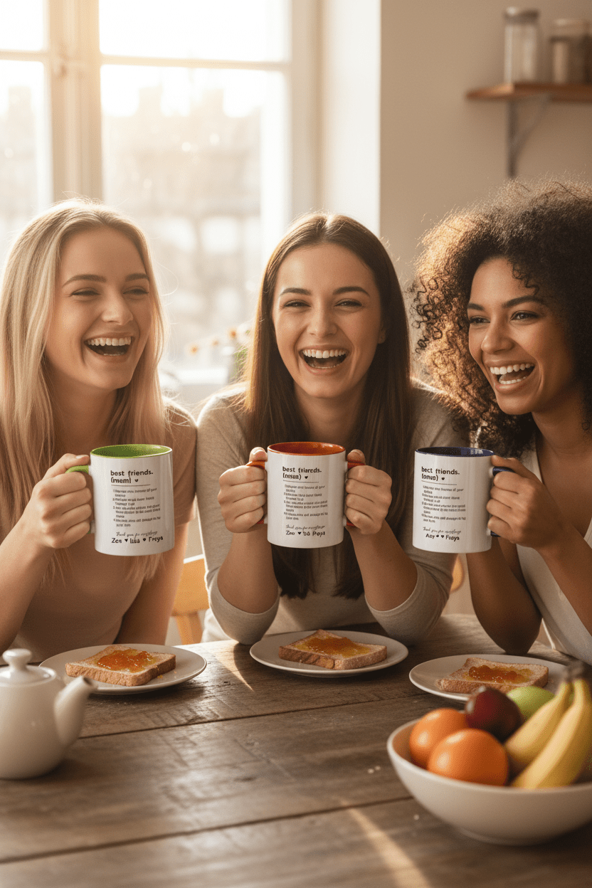 Three women holding white mugs with printed friendship quote and personalized names.