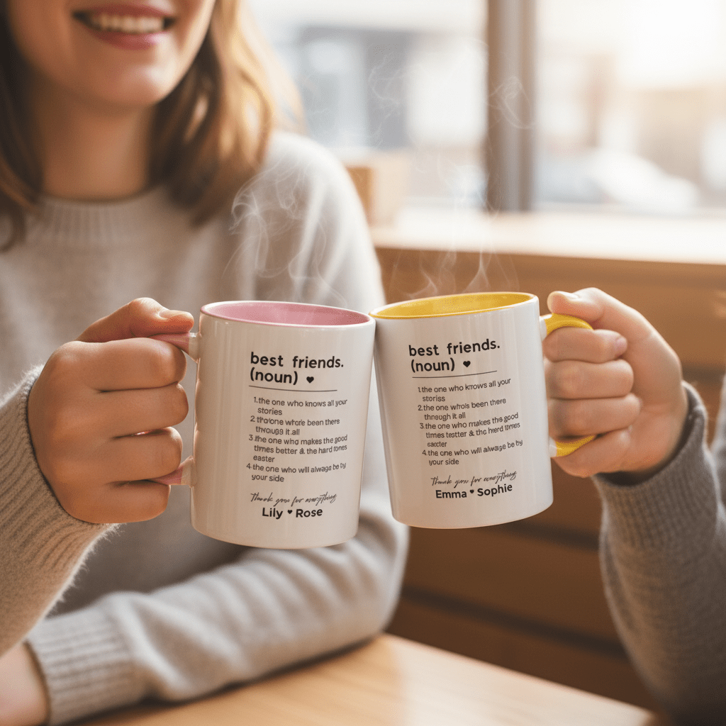 Two white mugs held by hands; one with yellow and one with pink interior; quote printed.