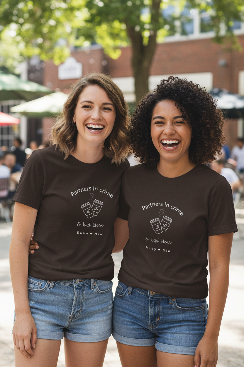 Friends wearing dark chocolate tees — UGC style