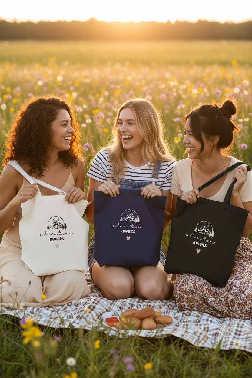 Cotton tote bags in white, navy blue, and black with mountain sketch heart print
