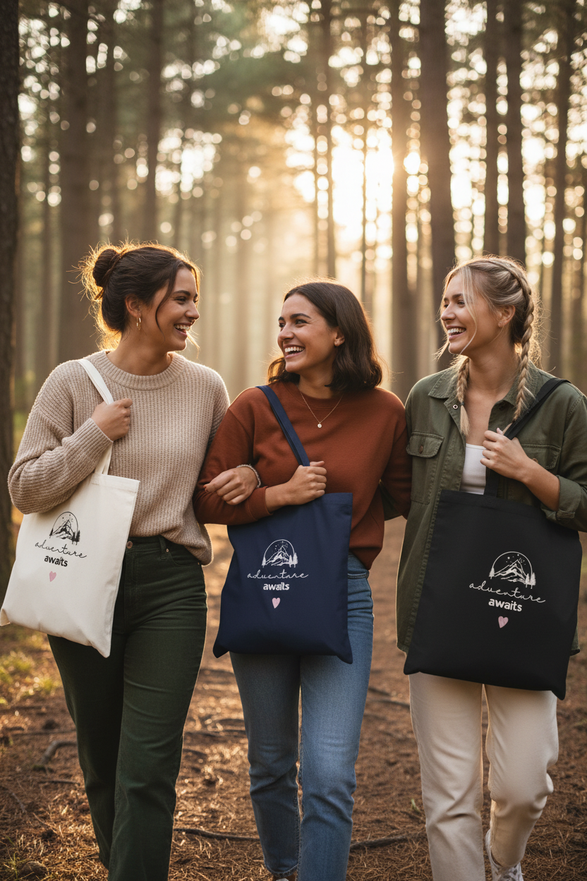 Cotton tote bags in white, navy and black with mountain sketch and 'adventure awaits'