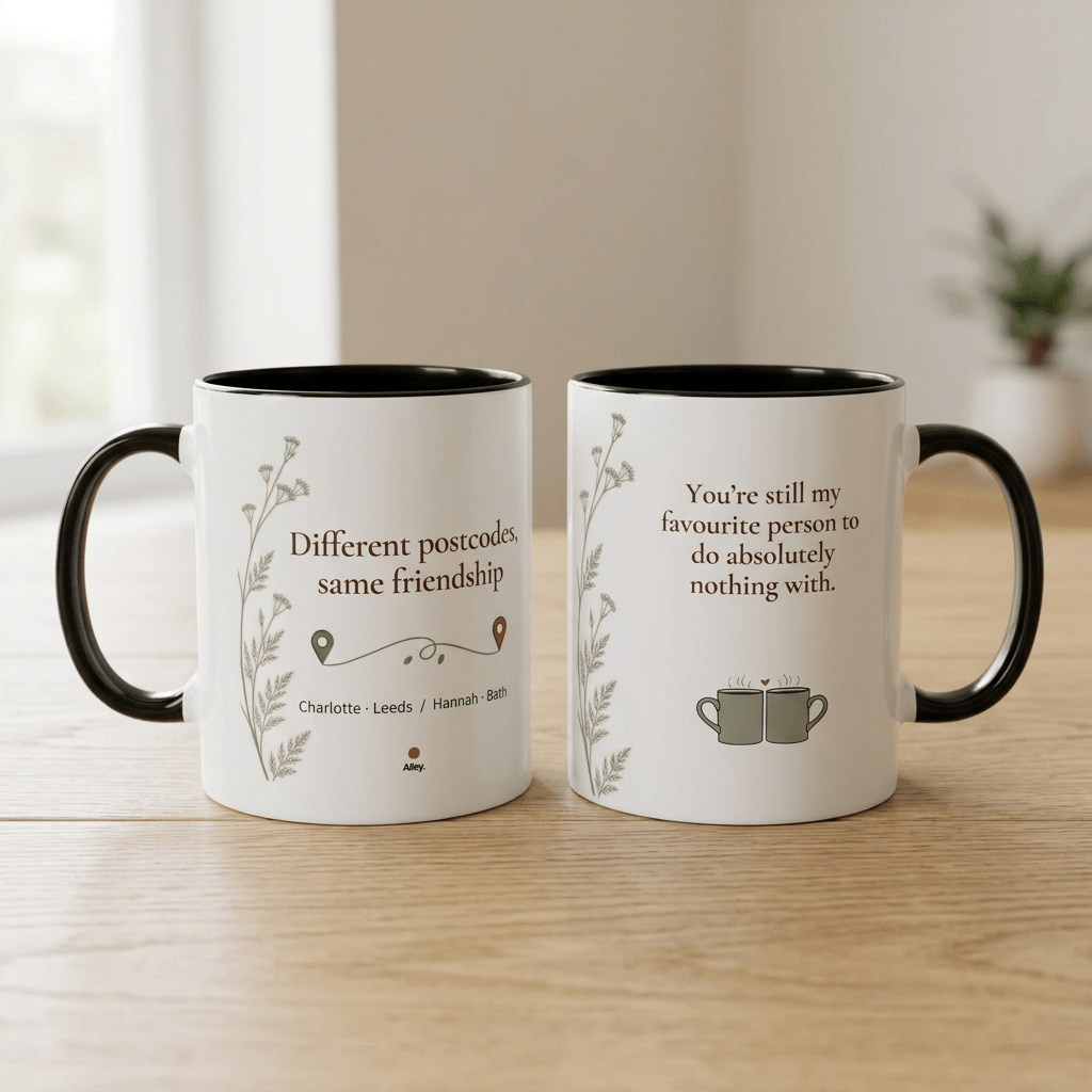 Personalised Long Distance Friendship Mug – Different Postcodes - #AlleyCrafters