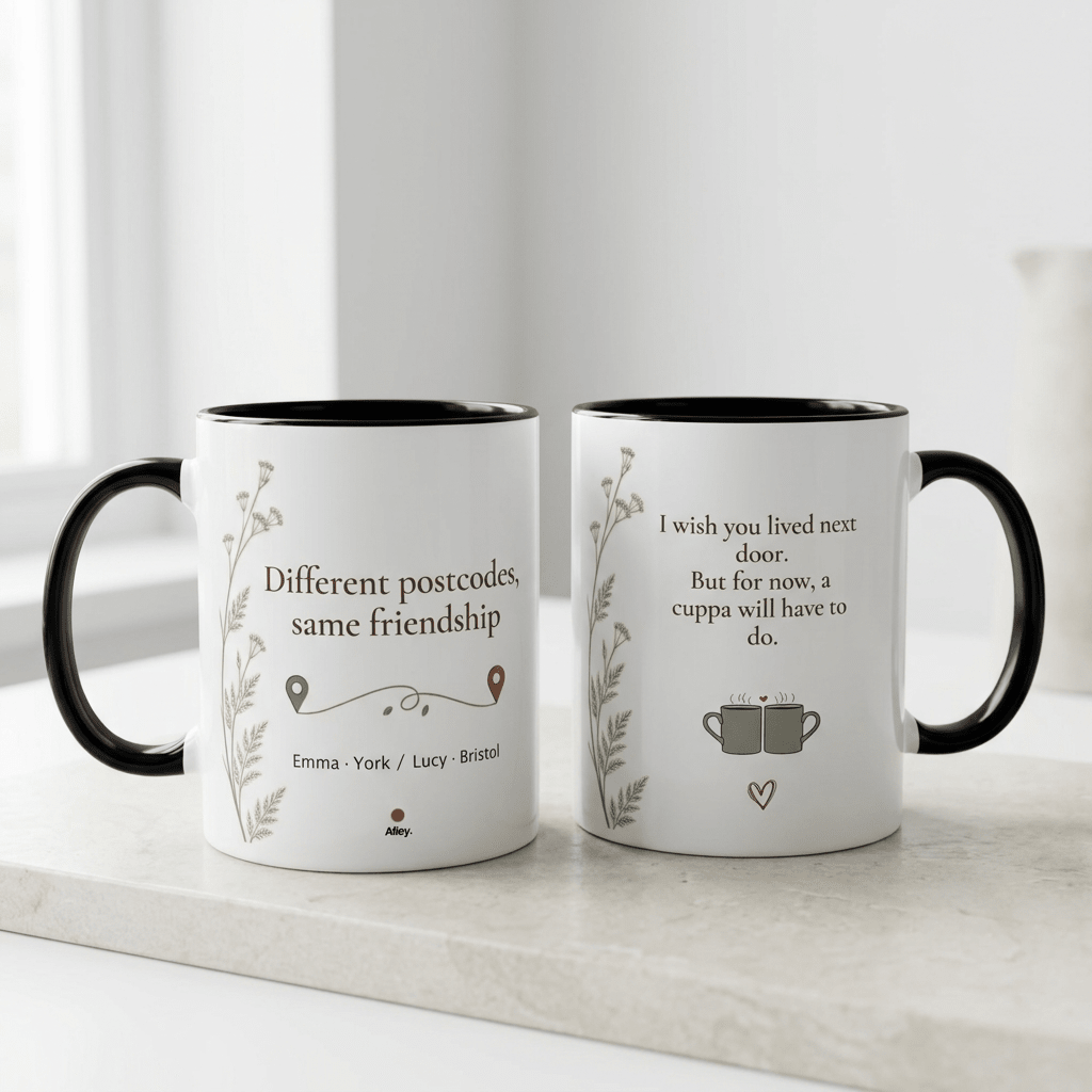 Personalised Long Distance Friendship Mug – Different Postcodes - #AlleyCrafters