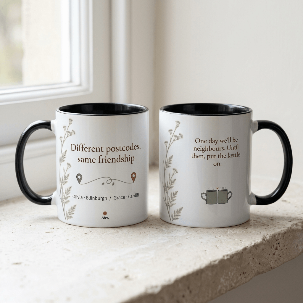 Personalised Long Distance Friendship Mug – Different Postcodes - #AlleyCrafters
