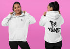 White hoodie with bold back logo graphic, hooded sweatshirt style