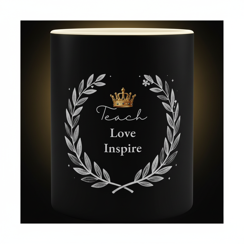 Black teacher mug with 'Teach Love Inspire' text and laurel wreath design