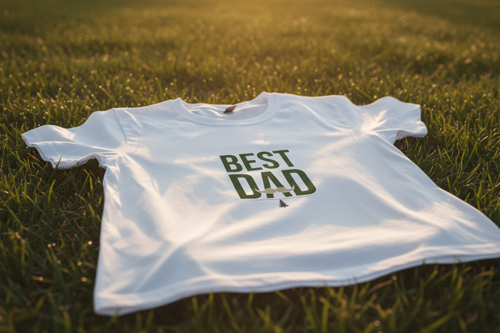 White T-shirt with green "Best Dad" typography graphic on the front