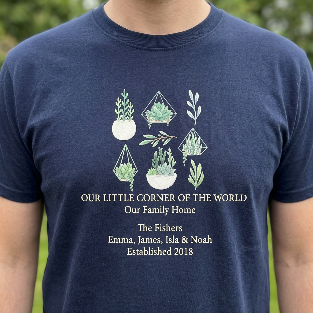 Navy botanical t-shirt with potted plants and “Our Family Home” name/date text