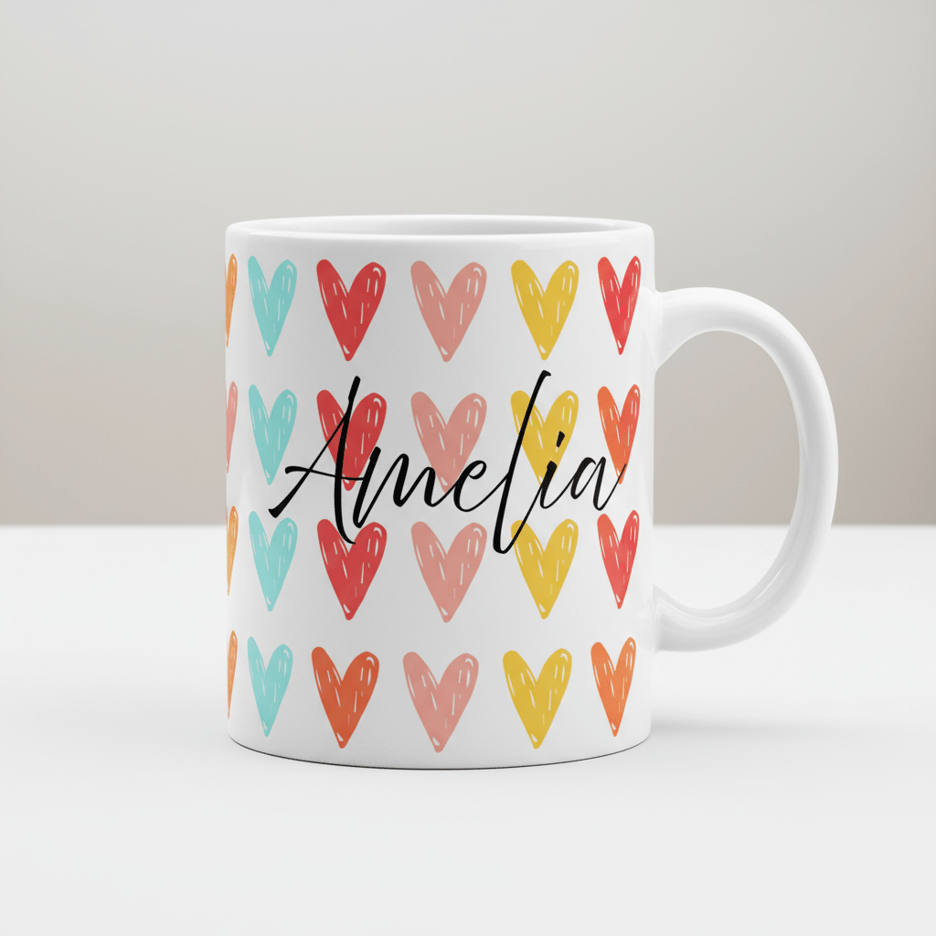 White mug with multicolor heart pattern and black cursive 'Amelia' on front