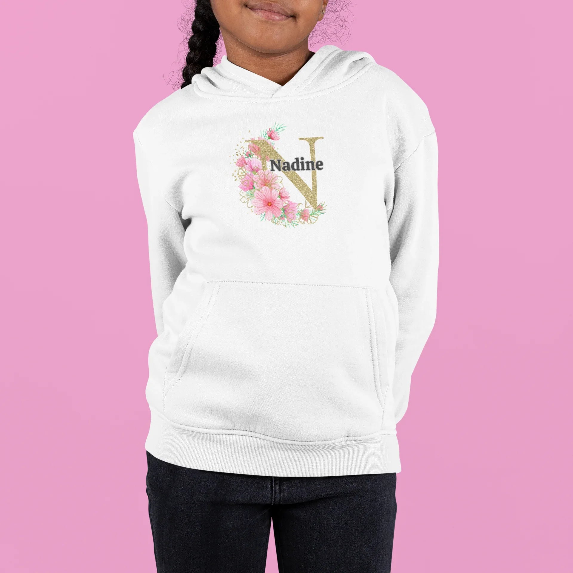 White kids hoodie with hood and floral letter Nadine graphic